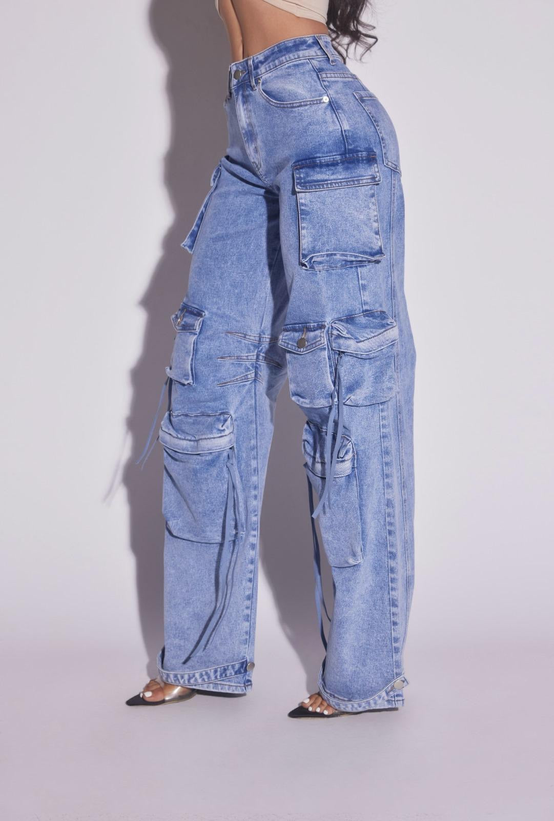 Kim Cargo Denim Jeans Pants with Pockets Stretch