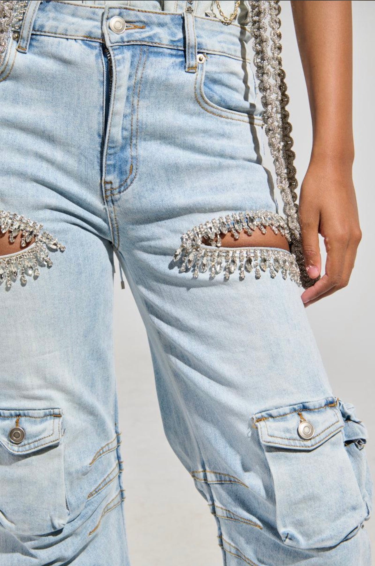 Alondra Rhinestones Cargo Pants Spandex Embellished Pocket Details