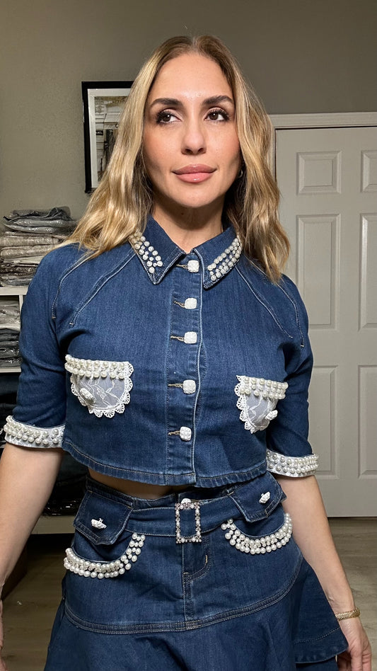 Veronica Two Piece Set Denim Pearls Details Skirt + Top