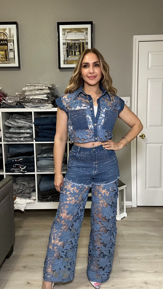 Lili Two Piece Denim Set Pants + Top Rhinestones and Crochet Details