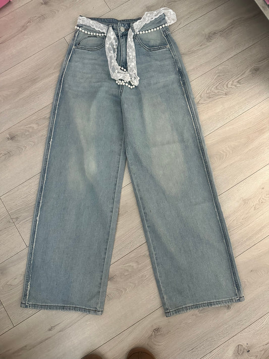 Lady Denim Pants Lace Belt Straight Leg