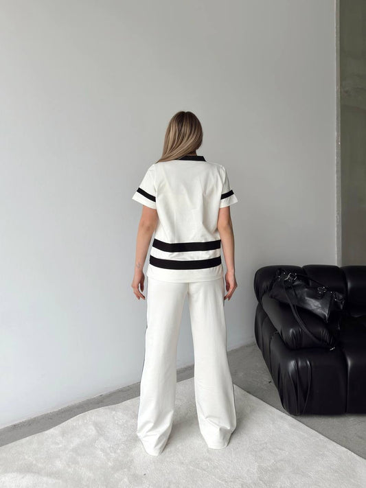 Rania Two Piece Set White with Stripes Cotton Pants + Top