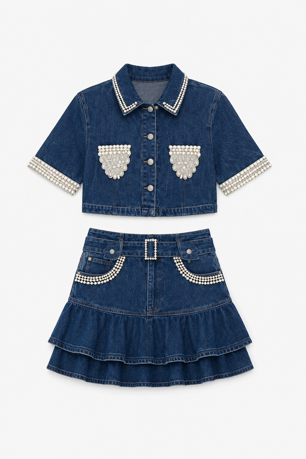 Veronica Two Piece Set Denim Pearls Details Skirt + Top