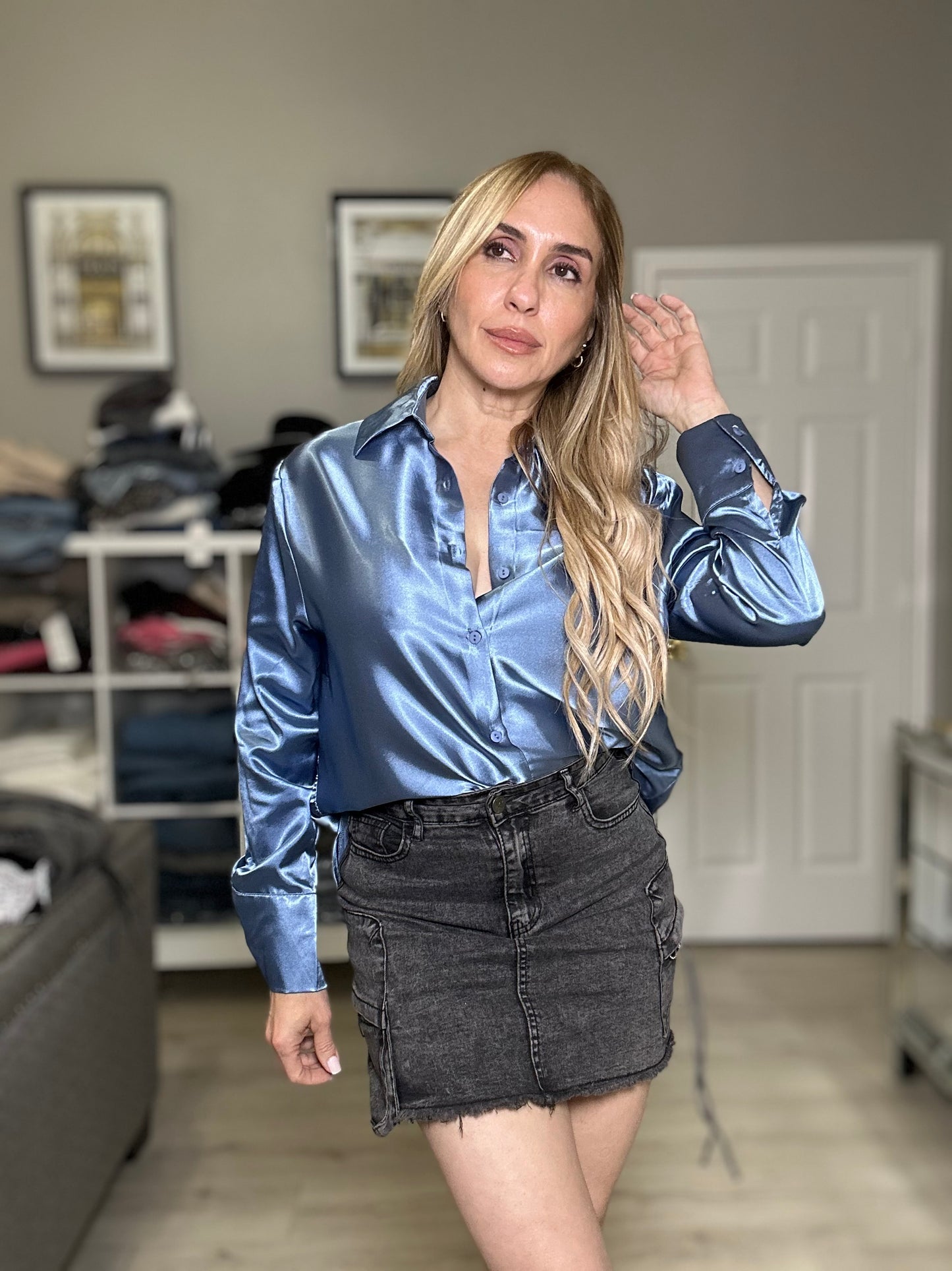Kara Blue Satin Shirt Elegant