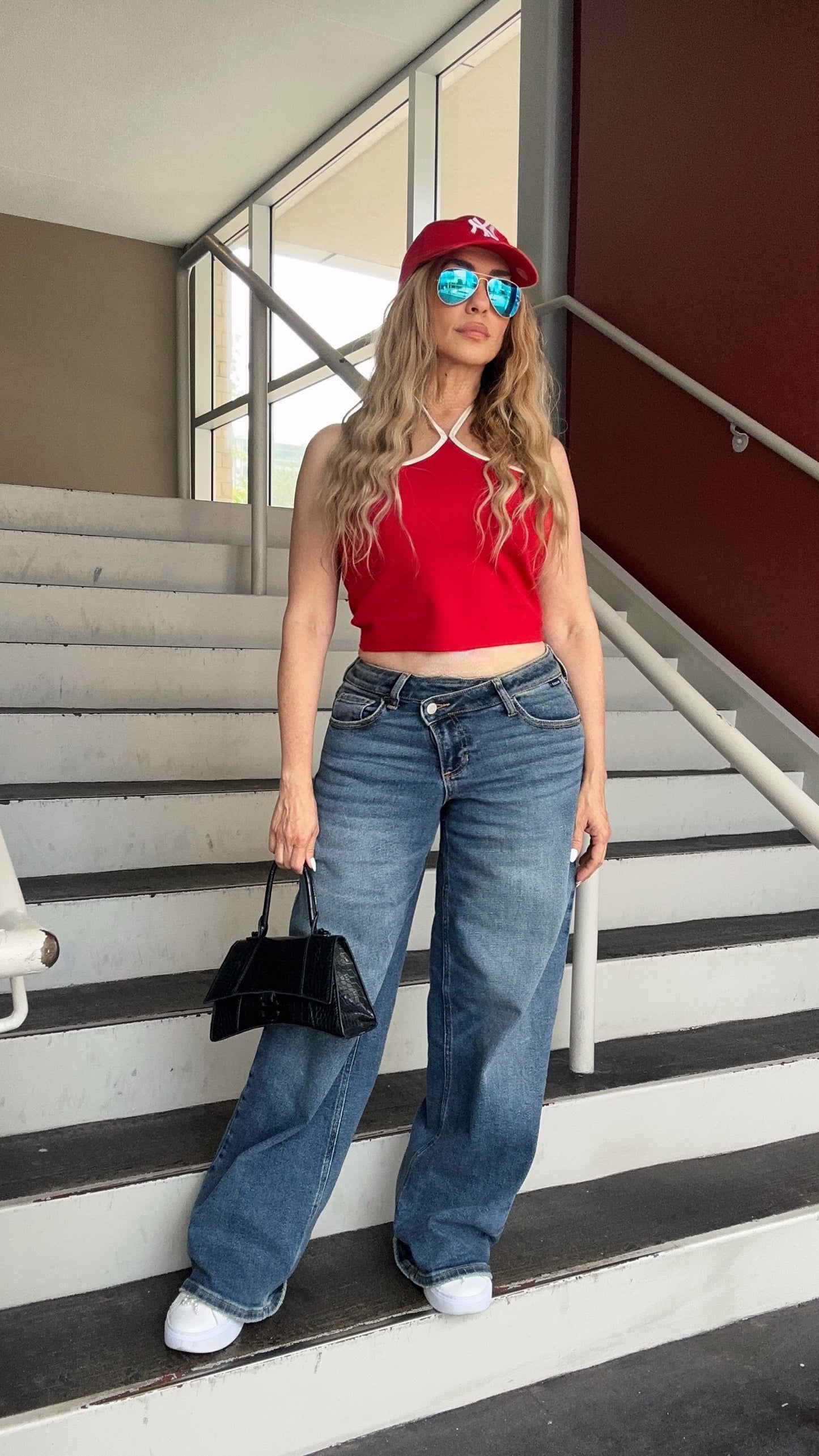 Monique Criss-Crossed Waist Medium Wash Denim Jeans (Full Stretch)