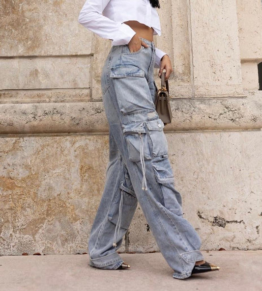 Kourtney Cargo Denim Jeans in Light Wash Pocket Details High Rise High Stretch