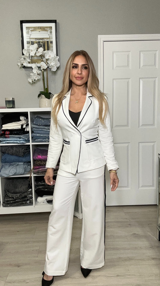 Carmela Two Piece Set White Cotton Blazer + Pants