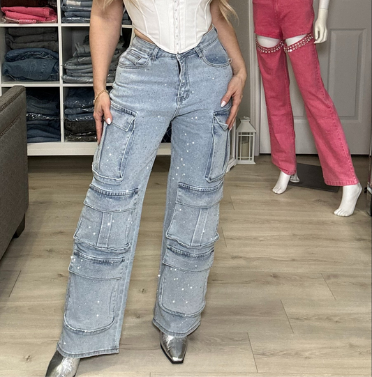 Crystal Cargo Pants with Rhinestones Embellished Statement Pants