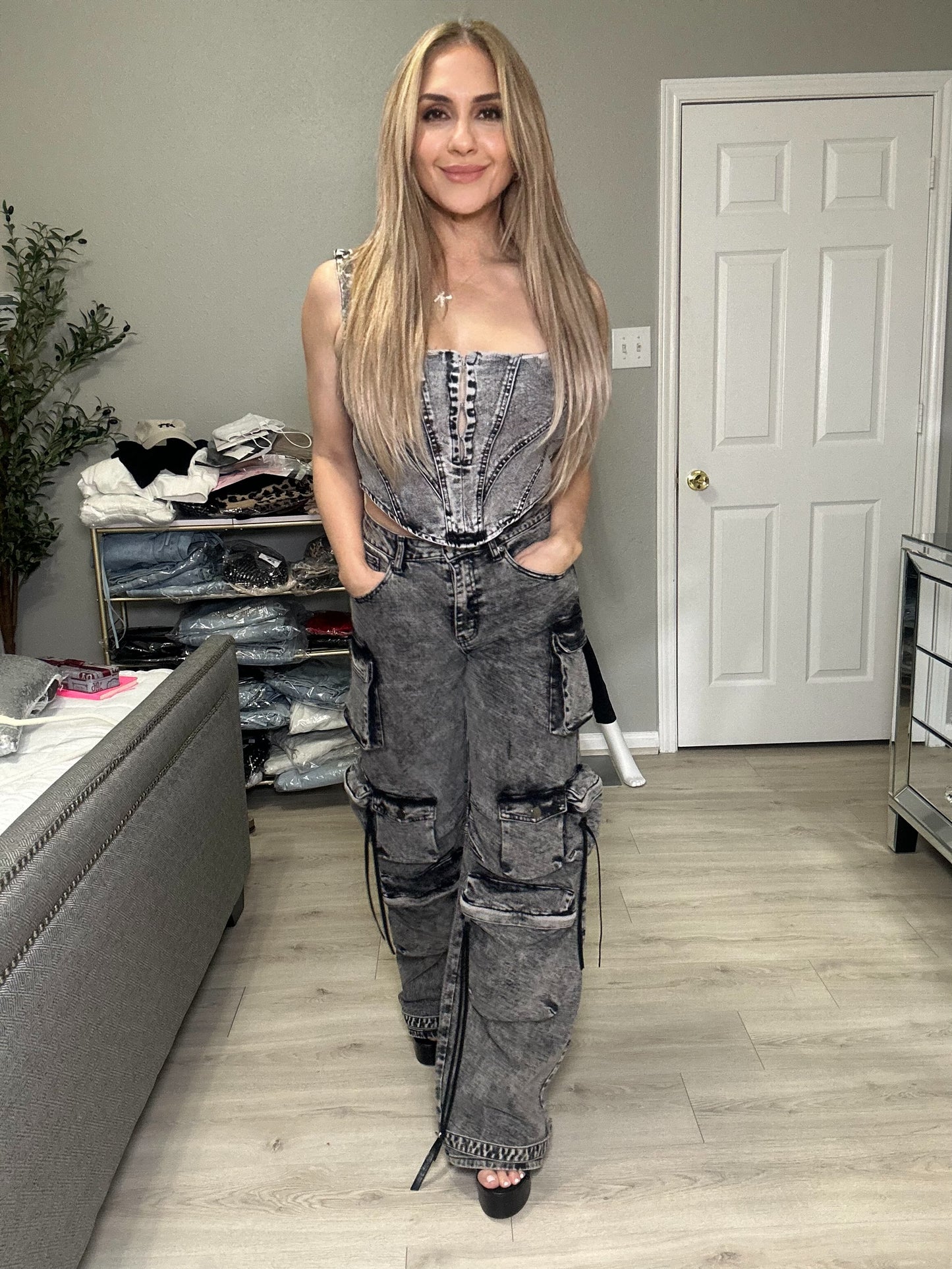 Khloe Cargo Pants Denim with Pockets Black Acid Washed High Stretch High Rise
