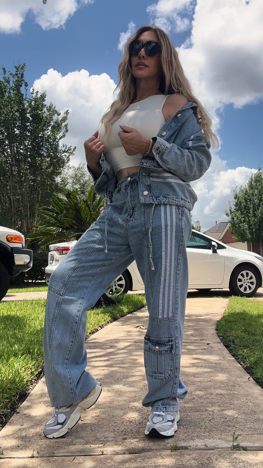 Adi Two Piece Denim Set With Stripes Pants + Jacket