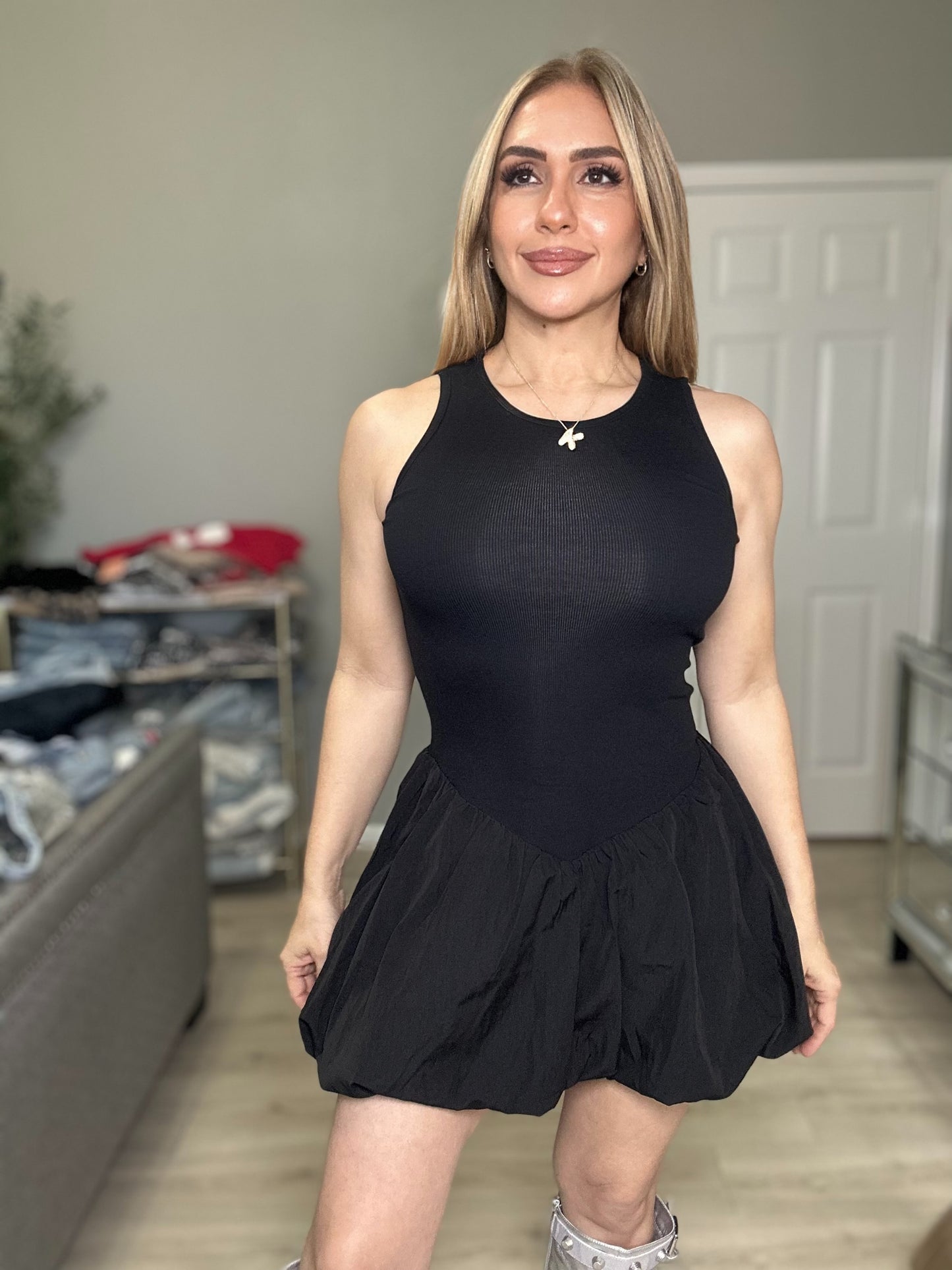 Olivia Sleeveless Bubble Mini Dress Hem Knit Fabric Mini Skirt