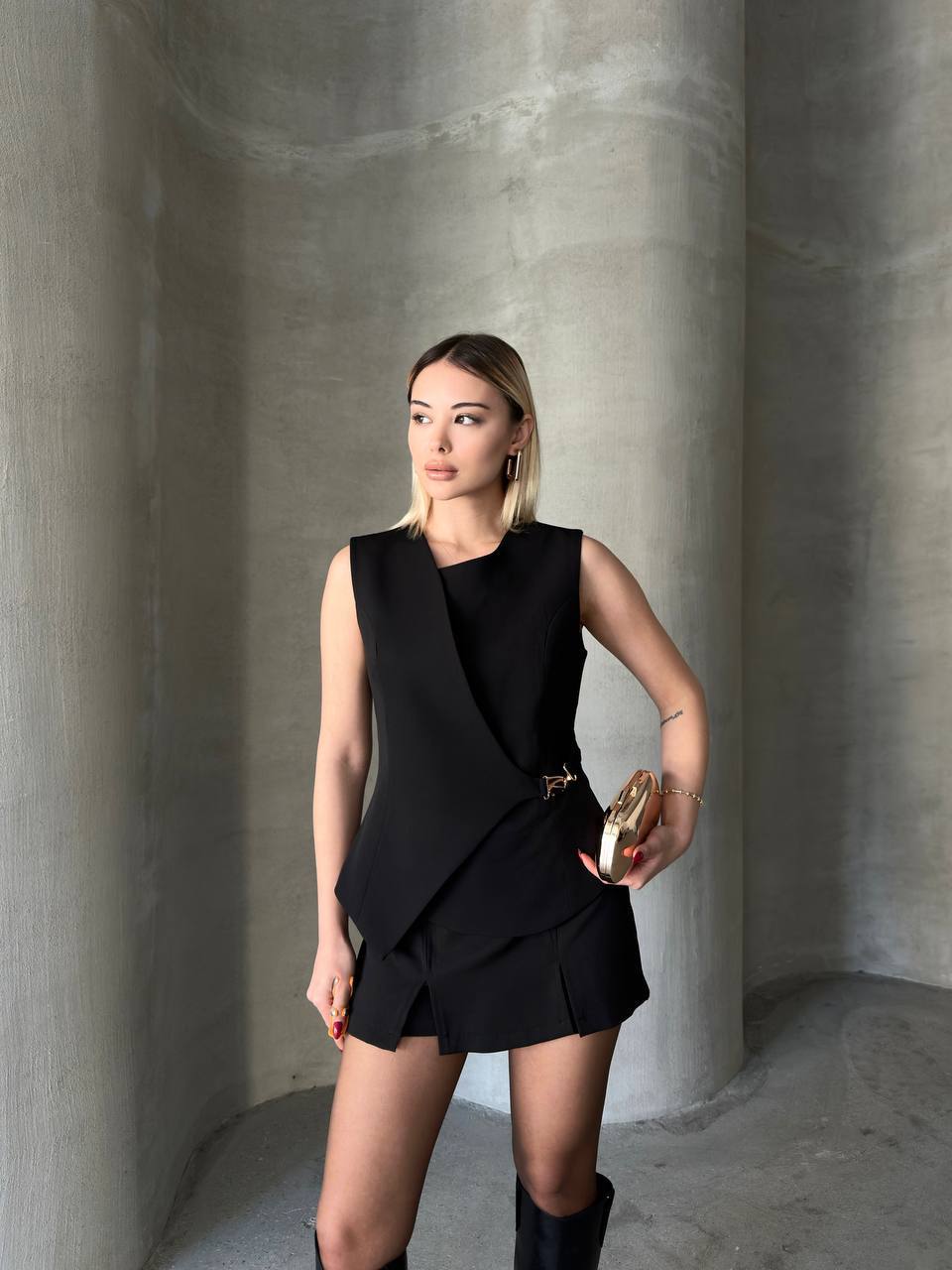 Francis Black Vest with Gold Buckle Detail