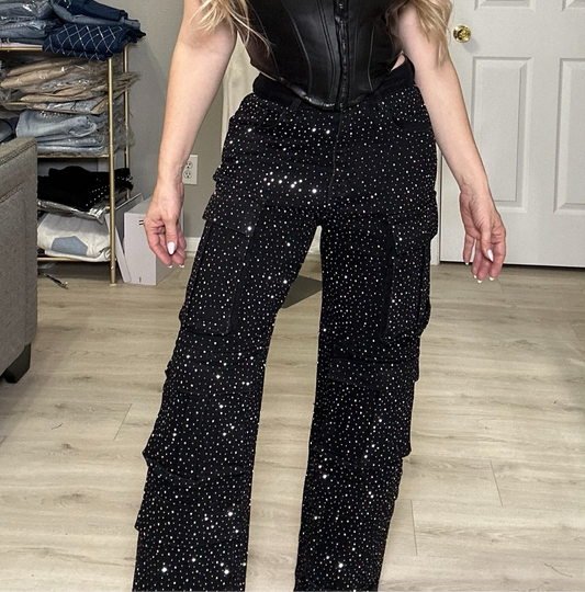 Crystal Cargo Pants with Rhinestones Statement Pants
