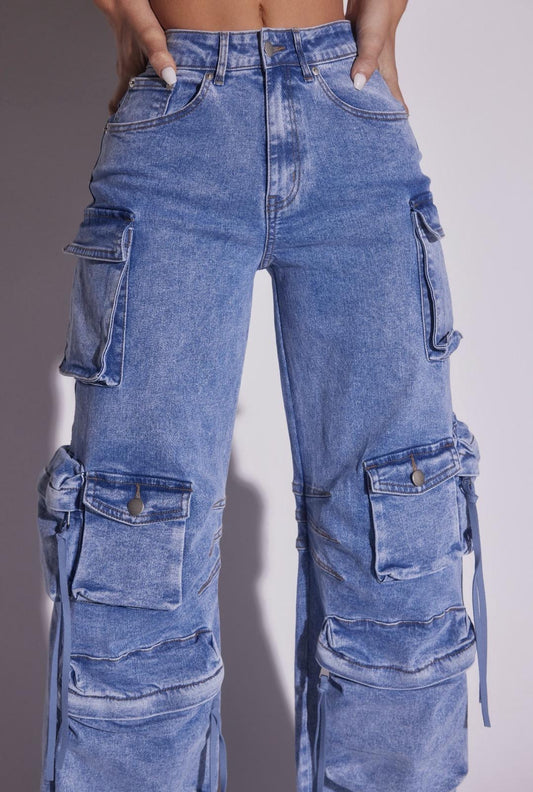 Kim Cargo Denim Jeans Pants with Pockets Stretch