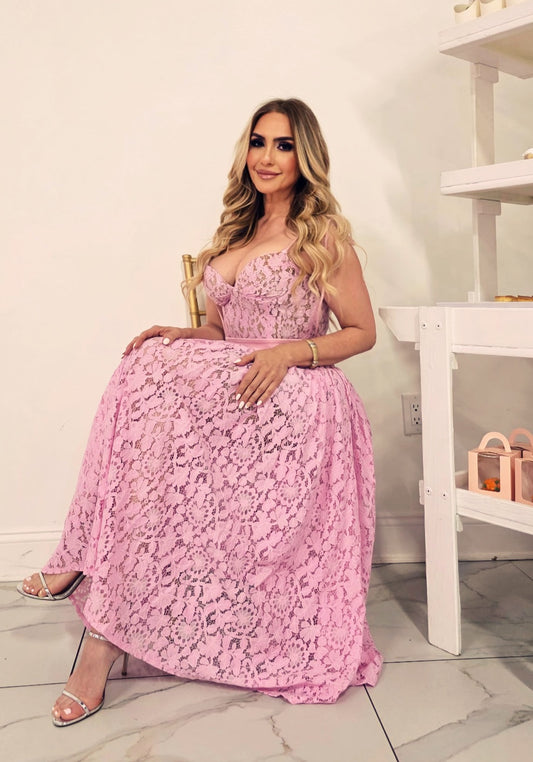 Isabel Corset Long Dress Pink Lace