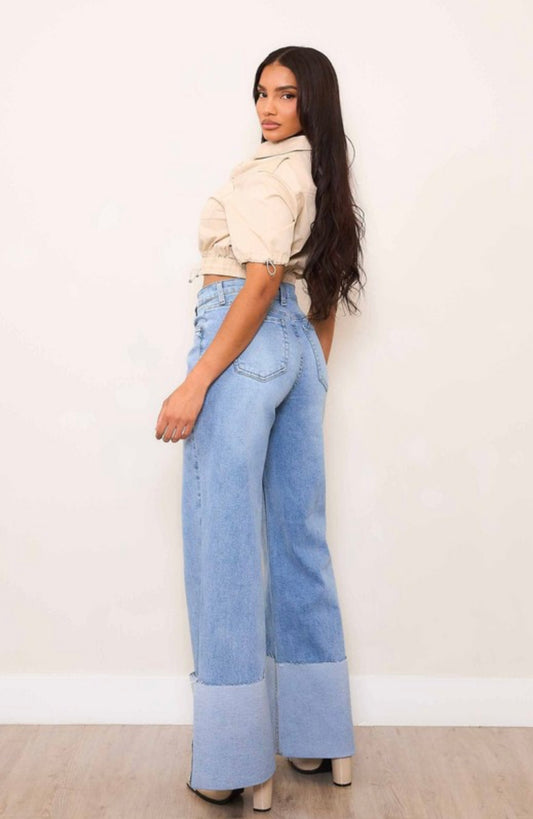 Joanne Wide Leg Folded Pants Denim Straight Leg with Stretch