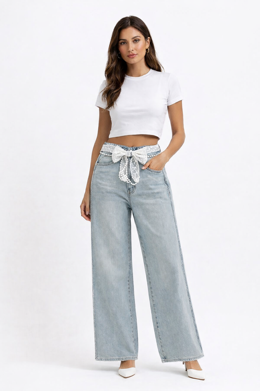 Lady Denim Pants Lace Belt Straight Leg