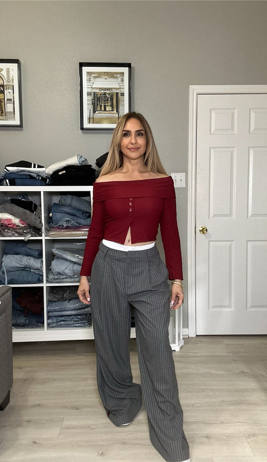 Office Sweetheart Grey Trousers with Stripes Double Waist Elegant Straight Leg
