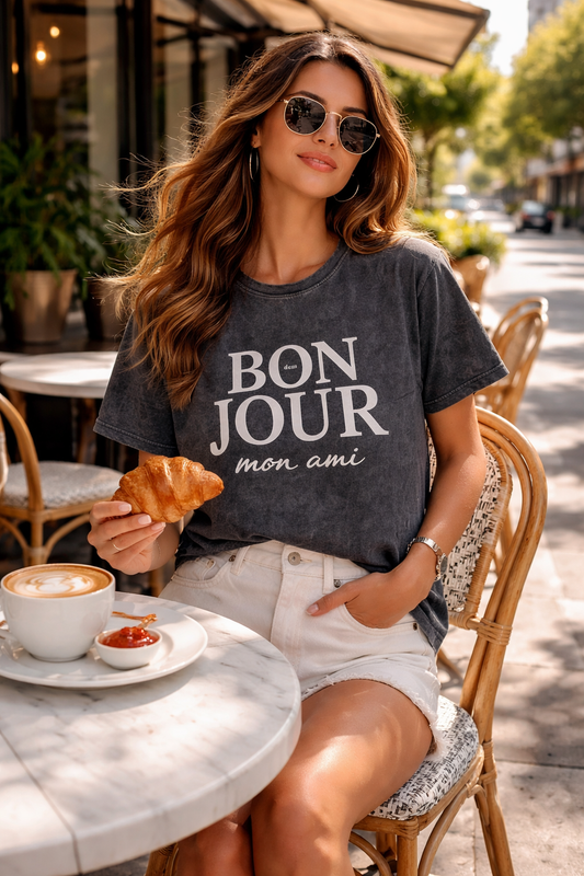 Bonjour Mon Ami Tee – Vintage Washed Oversized T-Shirt