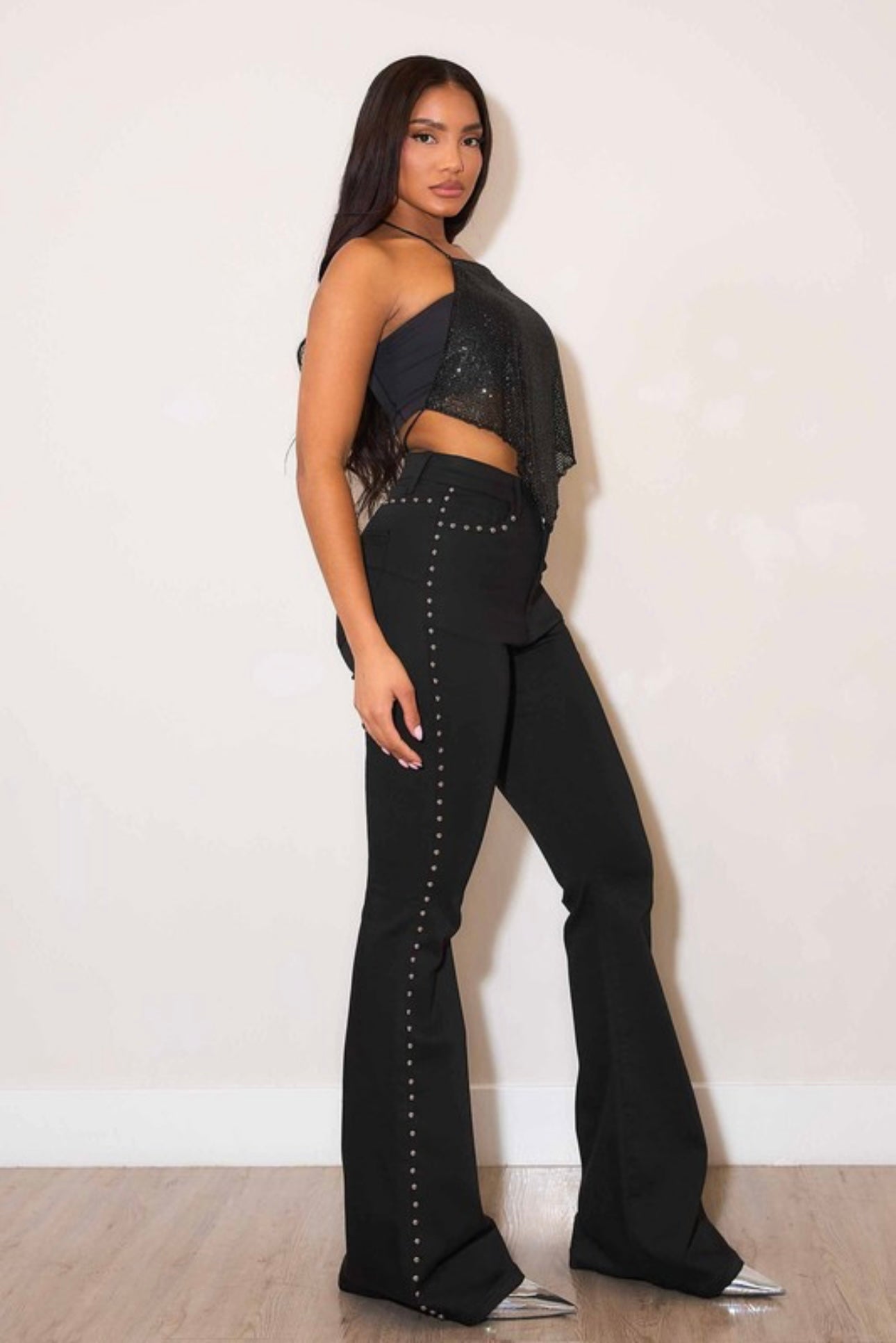 Iris Stud Flared Black Pants Full Stretch