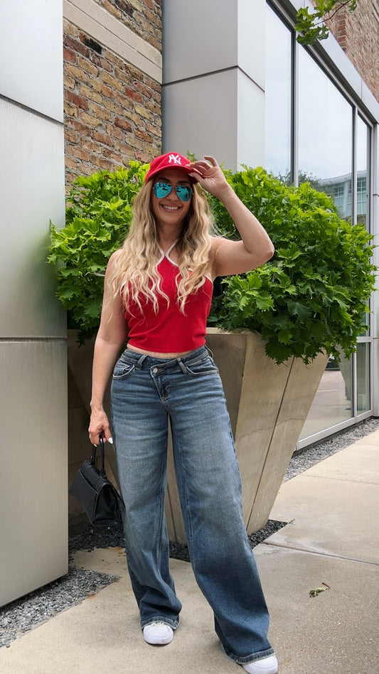 Monique Criss-Crossed Waist Medium Wash Denim Jeans (Full Stretch)