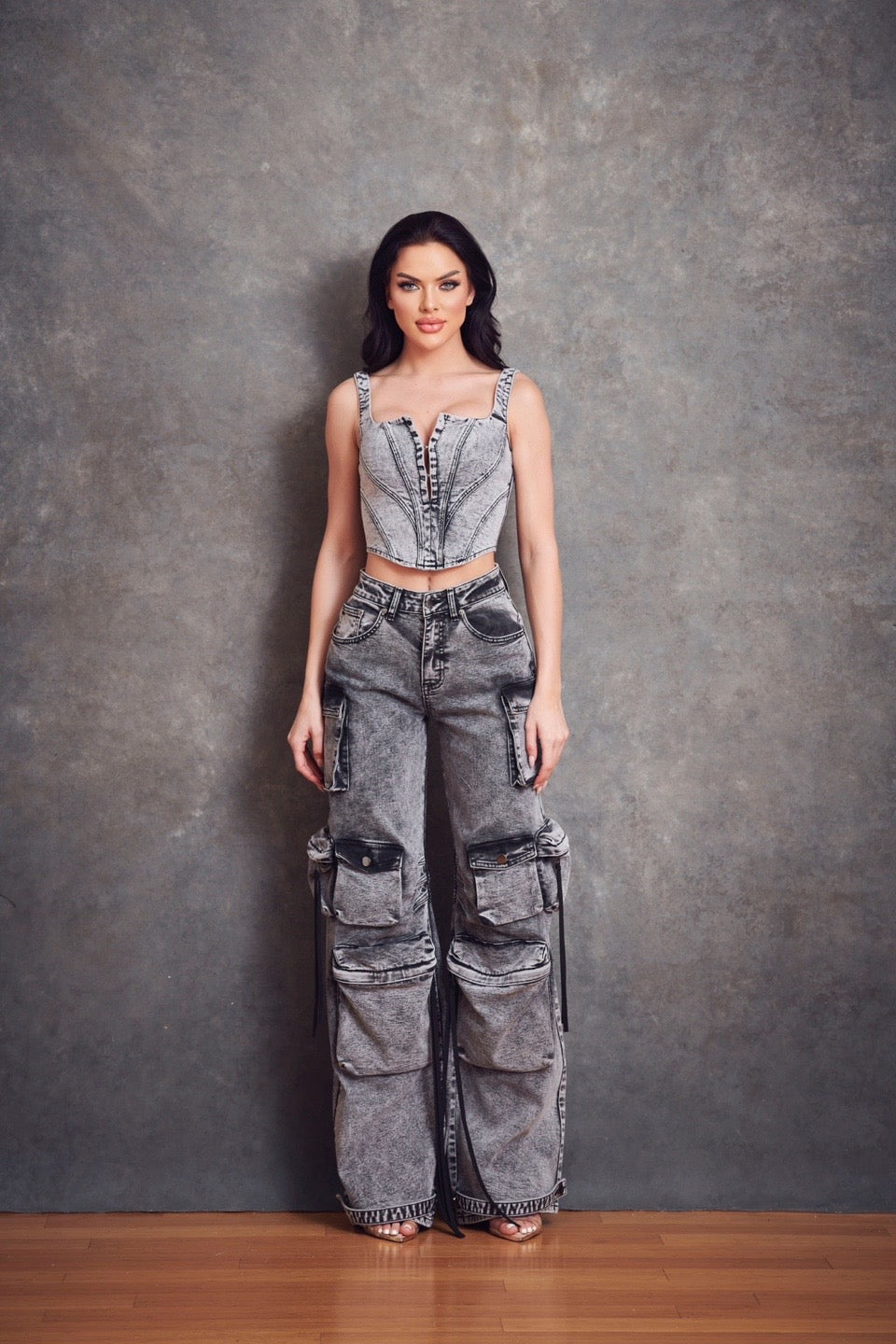 Isabella Denim Corset with Stretch Black Acid Washed With Back Zipper